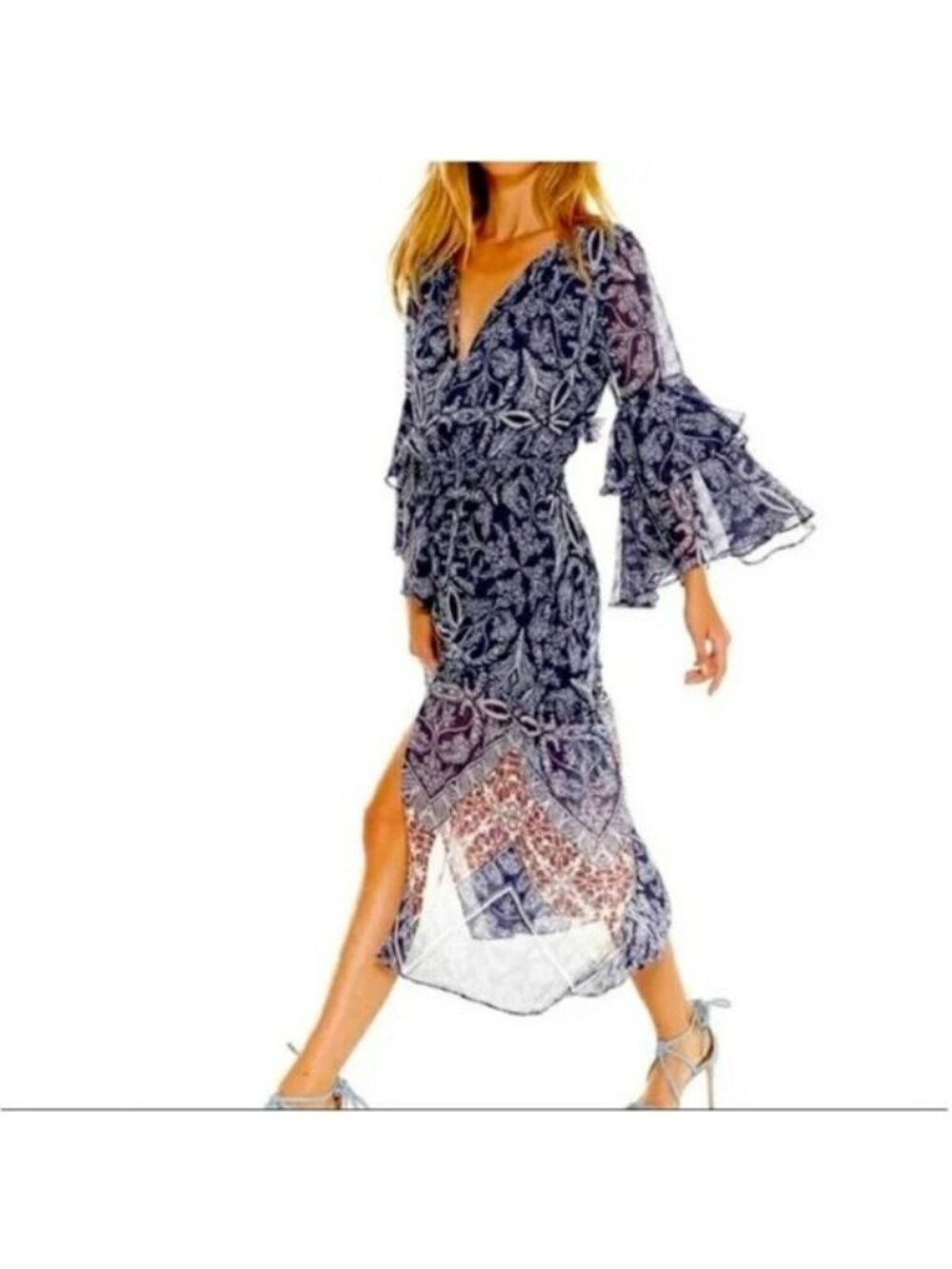 Misa Los Angeles Miriam Navy Paisley Floral Bell Sleeve Midi Dress Size XSmall